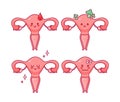 Uterus. Set Cute cartoon characters in kawaii style. Healthy organ, menstruation, fungal disease, infertility. Women