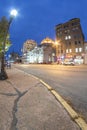 Utica, New York - Nov 11, 2019: Fisheye View of the Historic Area Buildings in Lower Genesee Street in downtown Utica, New York