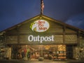 Utica, New York, USA - SEPTEMBER 3, 2018: Bass Pro Shops exterior sign and logo during night. Bass Pro Shops is a retailer of hunt