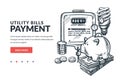 Utility bills payment concept. Vector hand drawn sketch illustration of electricity meter, piggy bank, light bulb, money Royalty Free Stock Photo