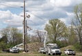 Utility Crew Sawing Old Pole During Pole Replacement Royalty Free Stock Photo