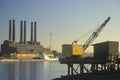 A utility plant and grain barge on the Mississippi River in East St. Louis, Missouri