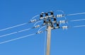 Utility pole with electric frozen wires Royalty Free Stock Photo