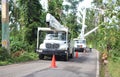 Utility trucks help workers restore electrical power near Palmer, Puerto Rico after Hurricane Maria.