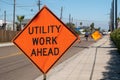 Utility Work Ahead sign warns of work project on street Royalty Free Stock Photo