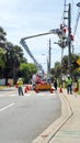 Utility workers in a cherry picker Royalty Free Stock Photo