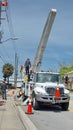 Utility workers with a cherry picker Royalty Free Stock Photo