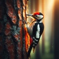 Spotted woodpecker taps at tree in search for food