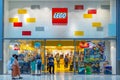 Lego shop, square logo sign above the entrance, Lego manufactures Lego-brand toys