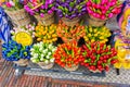 Utrecht, Netherlands - December 15, 2017: Beautiful colorful bouquets of wooden tulips in the bucket at Dutch souvenir