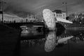 Utrecht, the Netherlands, February 24 - 2019, Whale made of plastic waste in the canal against pollution Black and white