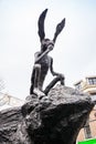 Utrecht, Netherlands - January 07, 2020. Statue of thinking rabbit `Thinker on a rock` by Barry Flanagan