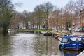 Utrecht, Netherlands - January 07, 2020. Water canal in small marina in winter
