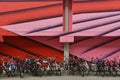 Utrecht, Netherlands. May 2023. Parked bicycles in front of a mural in downtown Utrecht.