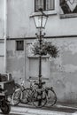 Ornate lantern with geranium flowers, street decoration detail in Utrecht, the Netherlands