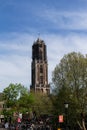 Utrecht, Utrecht/the Netherlands - April 23 2019: Utrecht Dom Church tower from a distance with top part in scaffolding Royalty Free Stock Photo