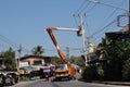 Uttaradit Thailand Cranes Electricity agencies Authorities are fixing the electrical transmission pole in the community.
