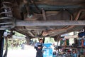 Uttaradit, Thailand, May 4, 2019, system check The bottom of the car Oil change Car care, garage, repairman