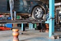 Uttaradit, Thailand, May 4, 2019, system check Suspension of the car, wheel balancing center, car maintenance, garage, repairman
