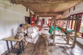 Wool garment factory workshop interior view with wool weaving machines at Kausani, Uttarakhand India