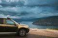 Utvik, Sogn Og Fjordane County, Norway. Car Suv Parked Near Scenic Route Road In Norwegian Mountain Lake Landscape Royalty Free Stock Photo