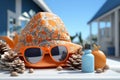 UV awareness items lotion, sunglasses, hat, shells on blue background Royalty Free Stock Photo