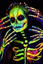 UV body art painting of helloween female skeleton Royalty Free Stock Photo