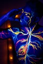 UV patterns body art of the circulatory system on a man`s body. On the torso of a muscular athlete, veins and arteries are drawn