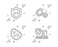 Uv protection, Gears and Bacteria icons set. Friends chat sign. Skin cream, Work process, Antibacterial. Love. Vector Royalty Free Stock Photo