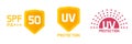 UV protection icon logo, sunlight protect spf 50 label badge graphic for body cream defence, spf50 sticker tag shield anti sun Royalty Free Stock Photo