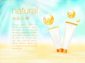 UV protection. Sunblock ads template, sunscreen and sunbath cosmetic products design. 3d vector illustration. Sunny