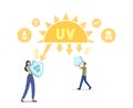 Uv Radiation, Solar Ultraviolet Protection Concept. Characters with Shields Reflect Danger Sunlight Beams. Skin Care