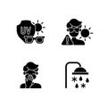 UV rays exposure risk black glyph icons set on white space Royalty Free Stock Photo