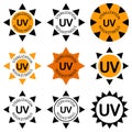 UV sterilization stamp. UV disinfection badge. Antimicrobial icons set. Ultraviolet germicidal irradiation. Surface cleaning,