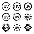UV sterilization stamp. UV light disinfection or protection badges. Set of ultraviolet sterilization icons. Ultraviolet germicidal