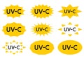 UV sterilization stamp. Sanitation device information sign. UV radiation, solar ultraviolet icons. Antimicrobial UVC Light
