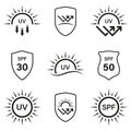 UV Sun Protect SPF Line Icon Set. Sunblock Shield Protection Skin from Ultraviolet Radiation Rays Linear Pictogram