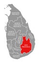 Uva Province red highlighted in map of Sri Lanka