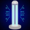 UVC light disinfection lamp. Ultraviolet light sterilization of air and surfaces. Bactericidal UV lamp. UV-C sterilizer.