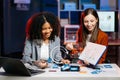 UX developer and ui designer brainstorming about mobile app interface wireframe design with customer breif and color code Royalty Free Stock Photo
