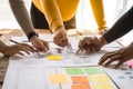 UX developer and ui designer brainstorming about mobile app interface wireframe design with customer breif and color code at Royalty Free Stock Photo