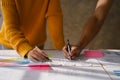 UX developer and ui designer brainstorming about mobile app interface wireframe design with customer breif and color code at Royalty Free Stock Photo