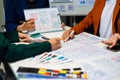 UX developer and ui designer brainstorming about mobile app interface wireframe design with customer breif and color code, User Royalty Free Stock Photo