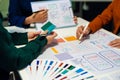 UX developer and ui designer brainstorming about mobile app interface wireframe design with customer breif and color code, User Royalty Free Stock Photo