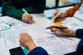 UX developer and ui designer brainstorming about mobile app interface wireframe design with customer breif and color code, User Royalty Free Stock Photo