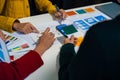 UX developer and ui designer brainstorming about mobile app interface wireframe design with customer breif and color code, User Royalty Free Stock Photo