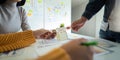 Ux developer and ui designer use augmented reality brainstorming about mobile app interface wireframe design on desk at Royalty Free Stock Photo