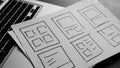 UX mobile application wireframe. Sketch, prototype, framework, layout future app design project. Royalty Free Stock Photo