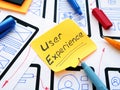 UX user experience inscription and sketches of mobile application.