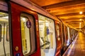 UXBRIDGE, LONDON/ENGLAND- 2 June 2020: London Underground metropolitan tube train with social distancing signage